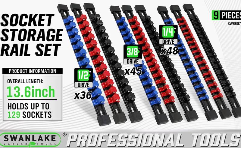 SWANLAKE Organizer Socket Holder, 6PCS 1/4-Inch x 32 Clips, 3/8-Inch x 30 Clips, 1/2-Inch x 24 Clips, Premium Quality Socket Clip Rail Holder (6PC)