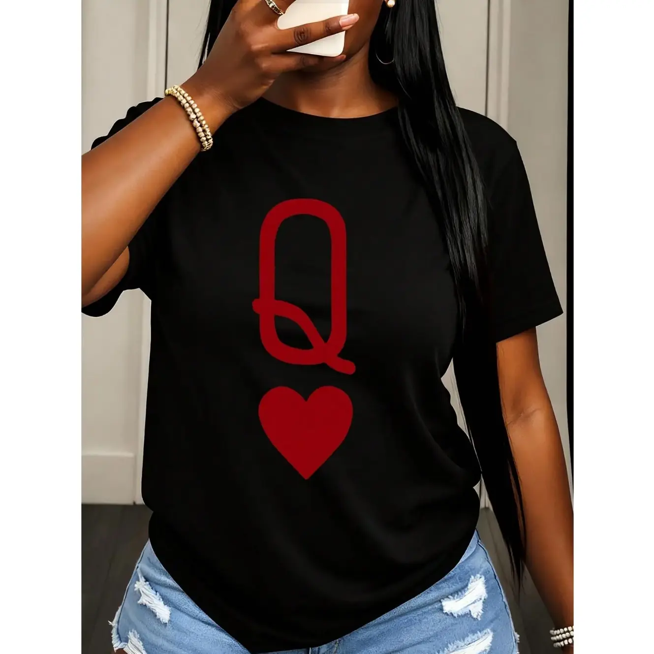 Women's Queen of Hearts Graphic Print T-Shirt, a Soft 100% Cotton Casual Top with a Round Neck and Short Sleeves, Shortsleeve, Women's Clothes, Piece, One Piece