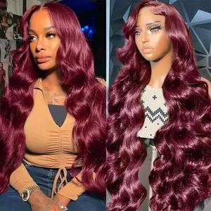 13x4 Burgundy Body Wave Transparent Lace Front Wigs Human Hair Pre Plucked 180 Density HD 99J Body Wave Lace Frontal Wigs 22inch-32inch for Women