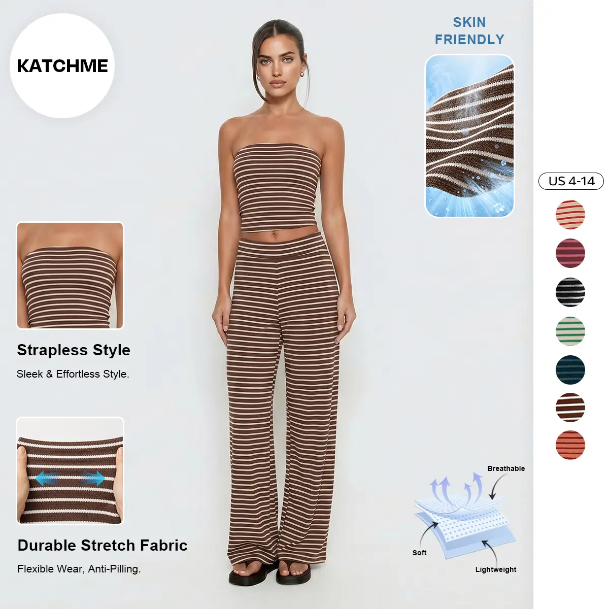 Women's Chic Color Matching Stripe Slim Tube Top & Low-Rise Wide Leg Trousers Co-ord, Soft Pill Resistant Spring & Summer Outfits, Lightweight Skin-Friendly Womenswear (US)