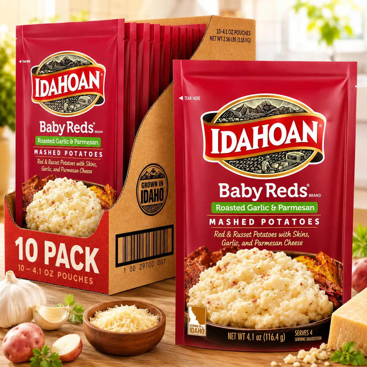 Idahoan Baby Reds with Roasted Garlic and Parmesan Mashed Potatoes, Naturally Gluten-Free, 100% Real Idaho Potatoes, 4 servings per bag, 4.1 ounce (Pack of 10)