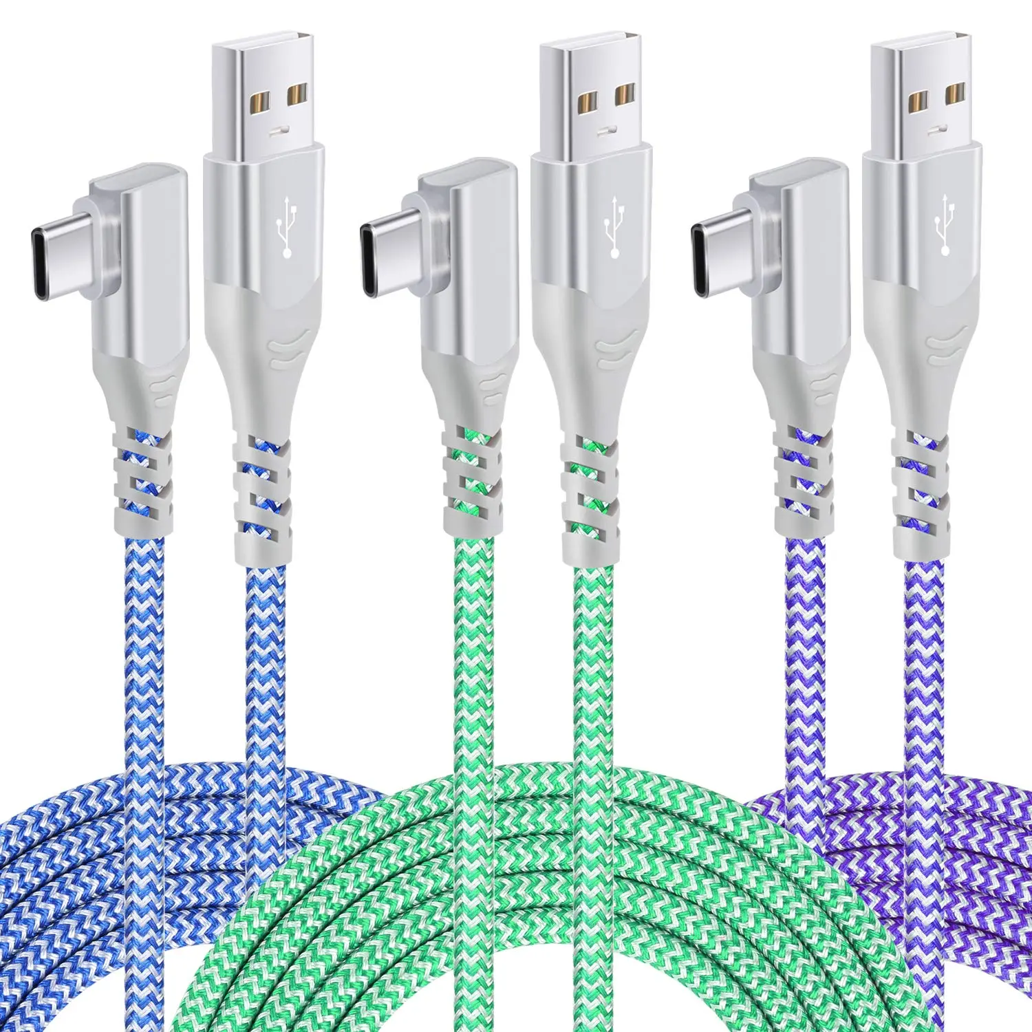 USB C  Fast ,  3-Pack 10ft Nylon Braided Right Angle USB A to USB C Charger , Type C  Cord Compatible for  Galaxy S24/S23/S22/S21/S20,Note 20 10, G6 V30,Pixel