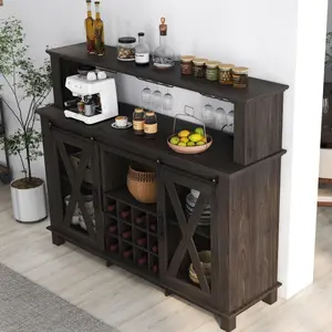 Farmhouse Home Bar with Sliding Barn Door - Coffee Station Organizer, Coffee Bar Cabinet with LED Lights, Wine Racks, Glass Holders & Storage