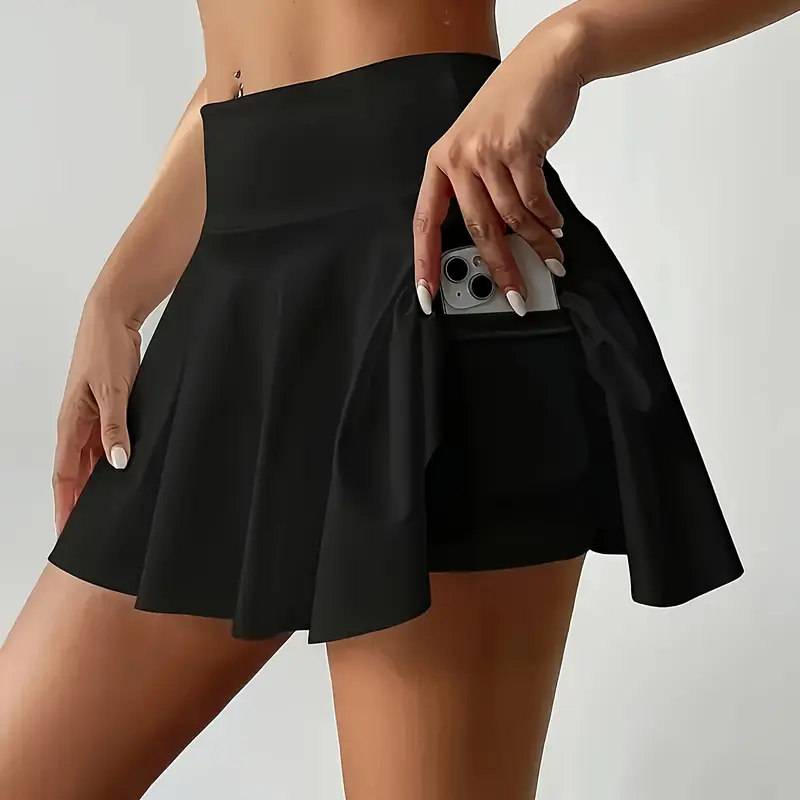 Female High-Waisted Above-the-Knee Flowy Pocket Design Skorts - Skirts with Shorts, Tummy Control, Stretchy, Breathable, Quick Dry, Comfortable Sports Skort for Tennis, Yoga