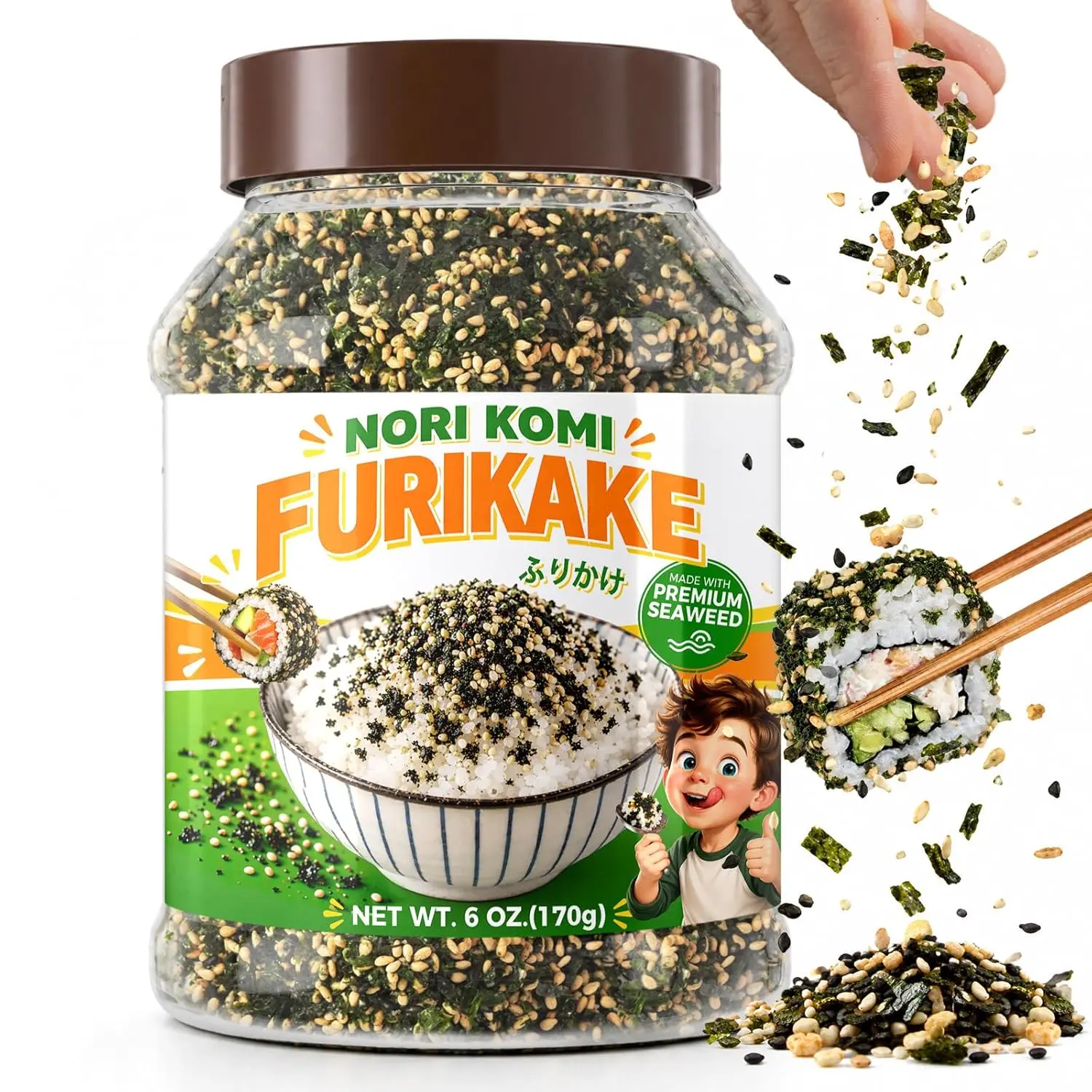 6 OZ Premium Nori Komi Furikake Seasoning, Japanese Rice Topping with Nori, Sesame & DHA, Multi-Purpose Seasoning & Topping for Rice, Salad, Ramen, Salmon, Sushi