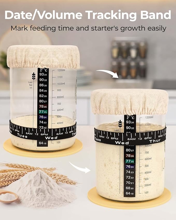 Sourdough Starter Jar Kit - 47 oz Large Wide Mouth Bread Starter Jar with Feeding Tracking Band, Silicone Spatula, Sourdough Bread Baking Supplies Sourdough Starter Jar Kit - 47 oz Large Wide Mouth Bread Starter Jar with Feeding Tracking Band, Silicone Spatula, Sourdough Bread Baking Supplies