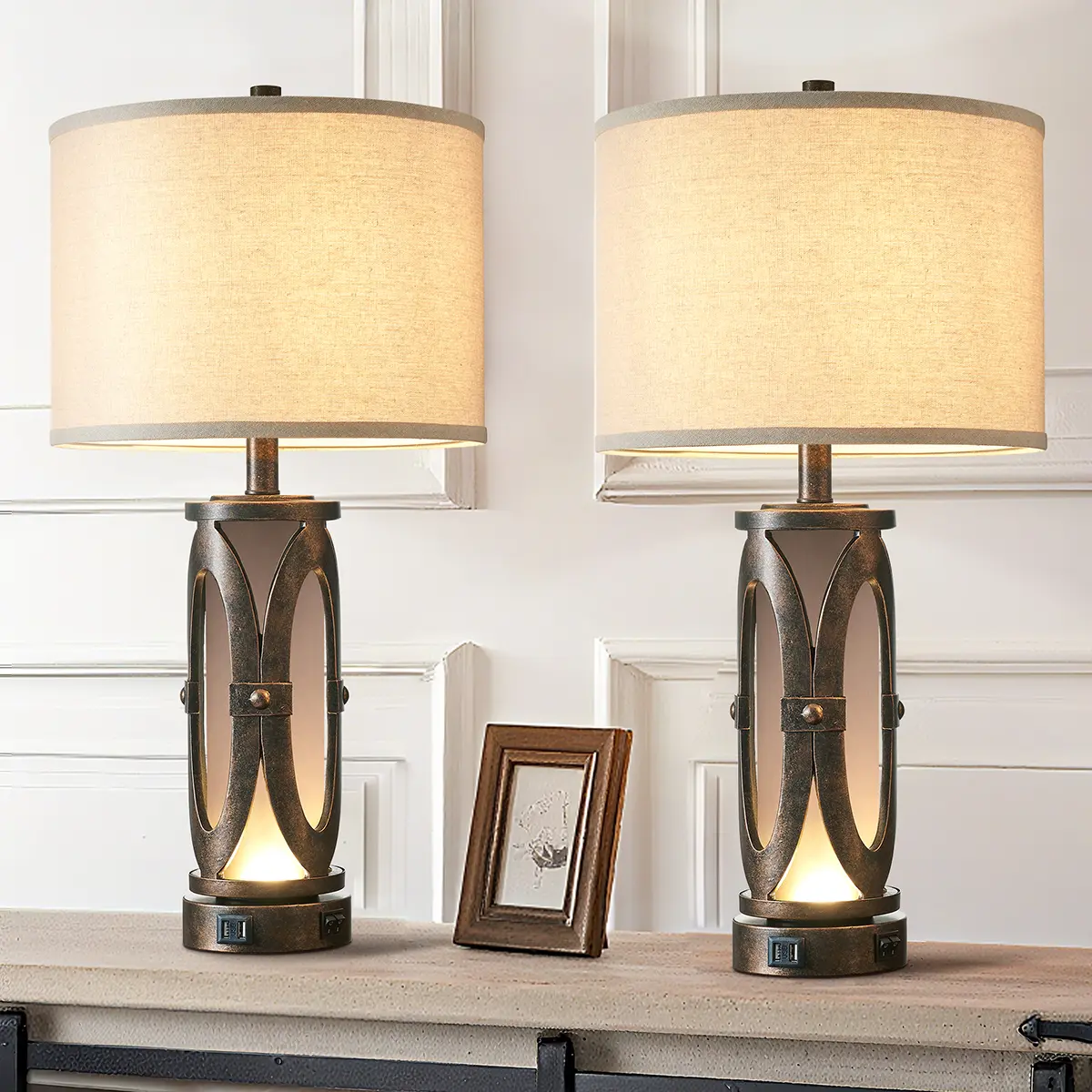 26-in Industrial Glow Table Lamps (Set of 2) with Bronze Finish, Dual USB Ports, Fast Charging, Charging Overnight, 750lm Brightness, Night Light, Bulb Included