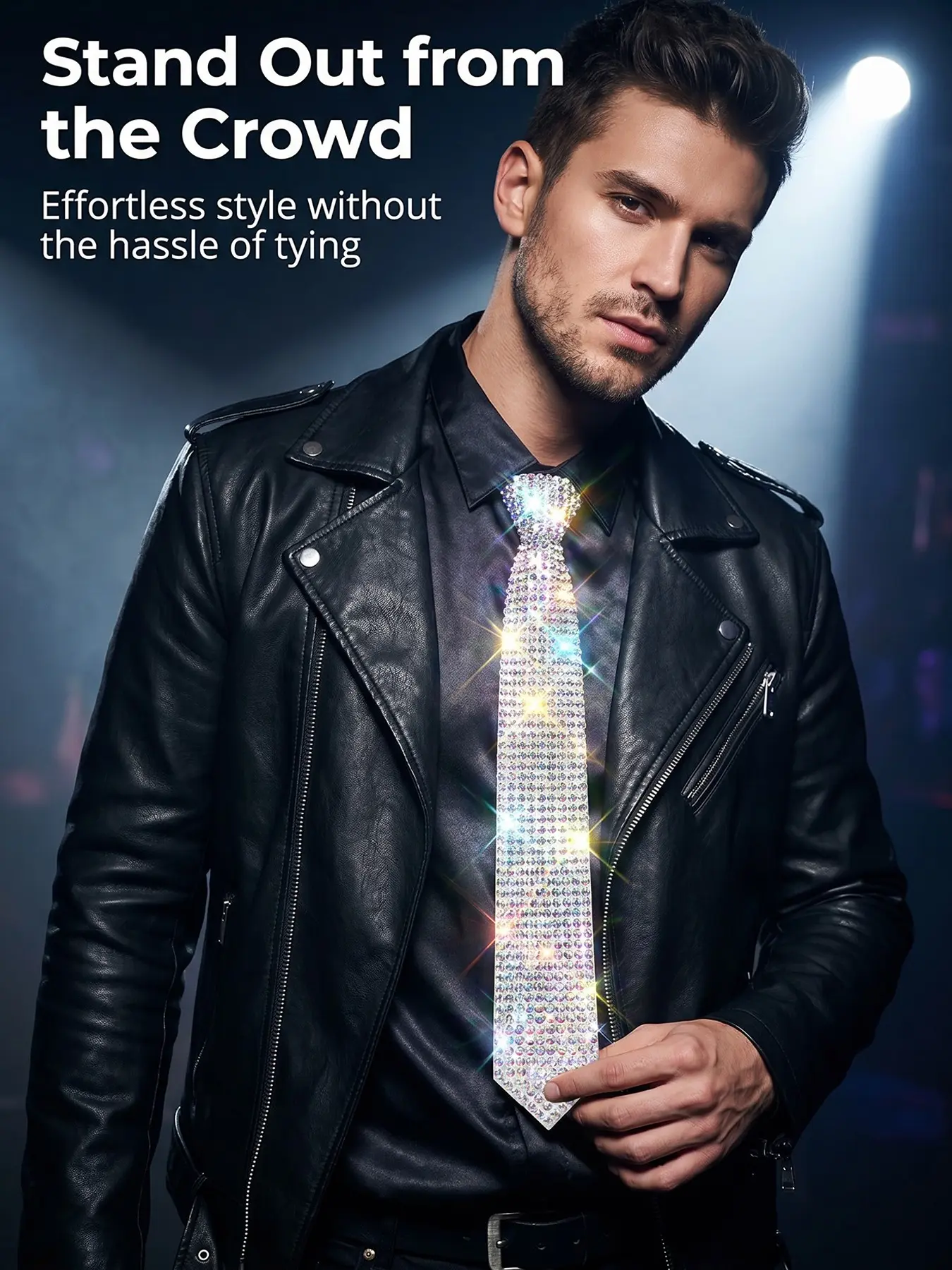 Sparkling Colorful Rhinestone Tie, Pre-tie Design, High Elasticity with Slide Buckle, Comfortable Fit, Fashion Accessory for Men & Women, Perfect for Events & Cosplay, Stylish Tie Design
