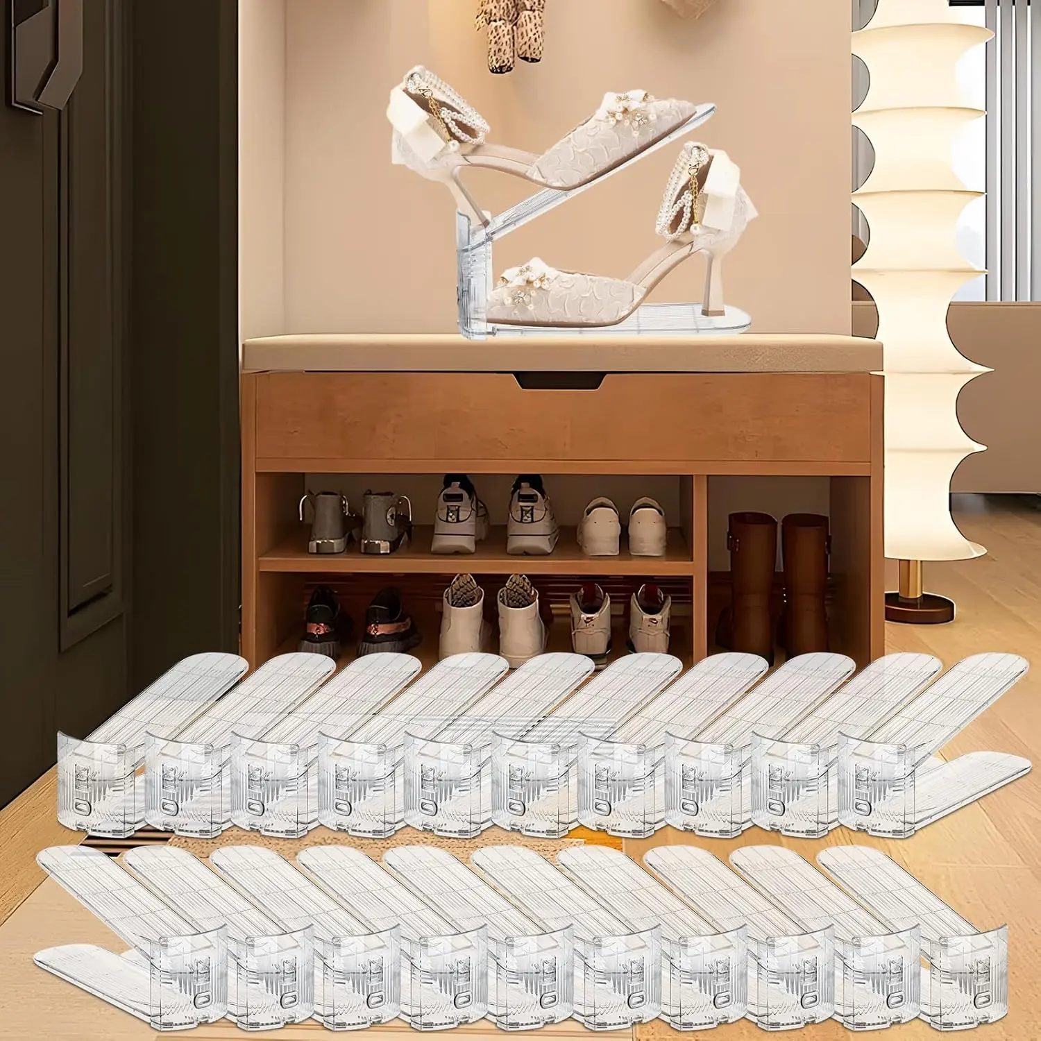 20-Pack Adjustable Shoe Slots Organizer for Closet & Kitchen, Transparent Plastic Buckle-Insert Space Savers, Double-Layer Durable Stack Racks