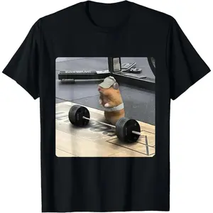 Cotton Unisex Hamster Deadlift TShirt Featuring Humorous Cute Rat Weightlifting Meme