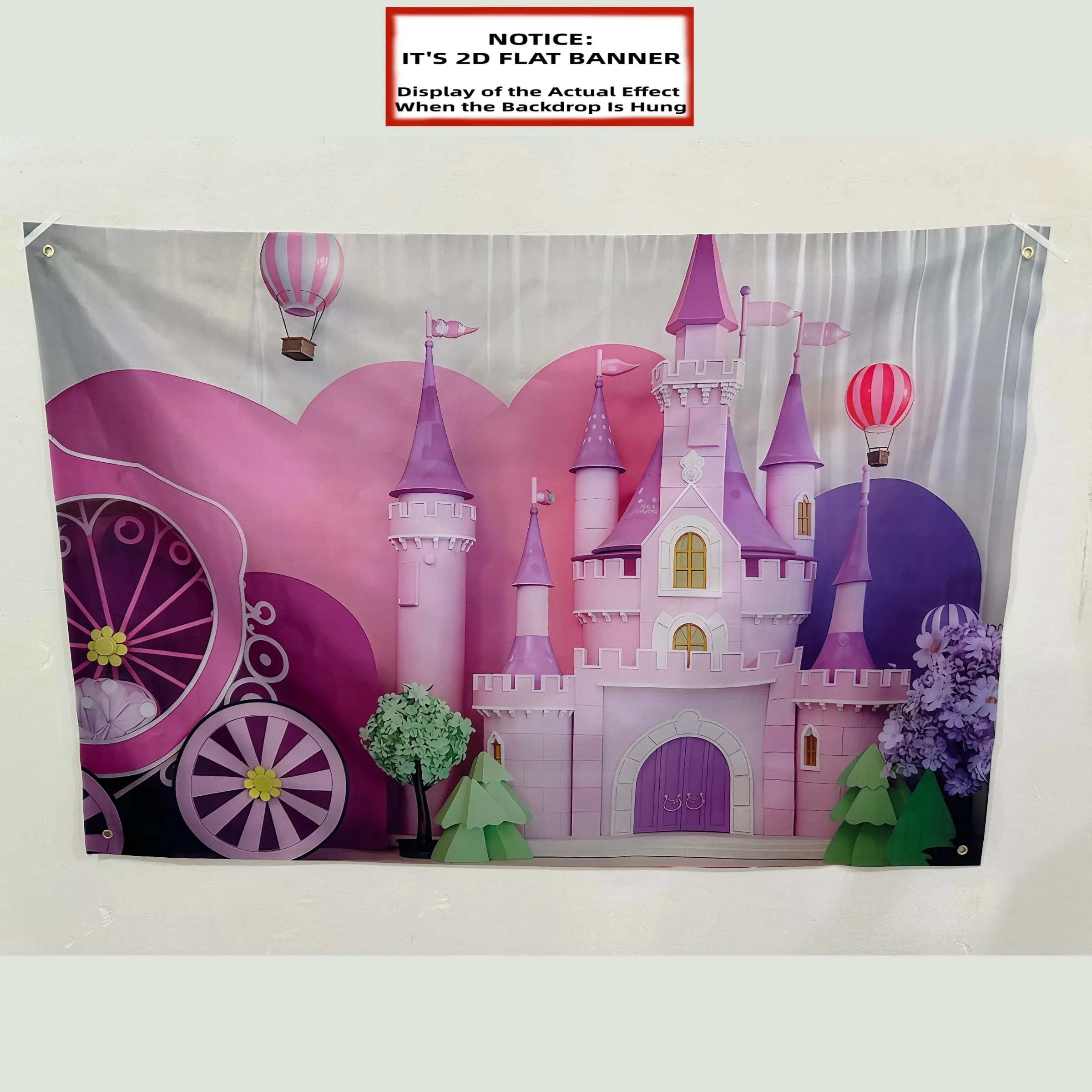 2D Flat Banner, 1pc Princess Castle Party Backdrop, Pink & Purple Floral Design with Hot Air Balloons, Polyester Banner for Birthday, Holiday Decorations, Party Background Decoration, Party Decoration Supplies