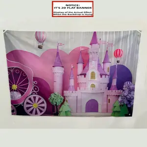2D Flat Banner, 1pc Princess Castle Party Backdrop, Pink & Purple Floral Design with Hot Air Balloons, Polyester Banner for Birthday, Holiday Decorations, Party Background Decoration, Party Decoration Supplies