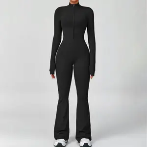 TCVC Autumn Winter Women's Long Sleeve Flared Sports Jumpsuit -ZipperJumpsuit, Wide Leg Bodysuit, Sexy One-Piece YogaJumpsuit, Fitness Activewear for the Gym, Pilates,Casual or Street Wear, Tennis Skirt with Shorts and Tie.Front Activewear sporty yoga set