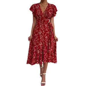 Sexy Deep V Neck Tie Waist Floral Maxi for Vacation Beach Party Elegant Sling Slit Long Summer in Red corte princesa👗💜 oh polly huda dress high-quality woman lady fashion clothing gabbi slim fit long dress club party Boho Ruffle Babydoll Be Teal Tie-Strap