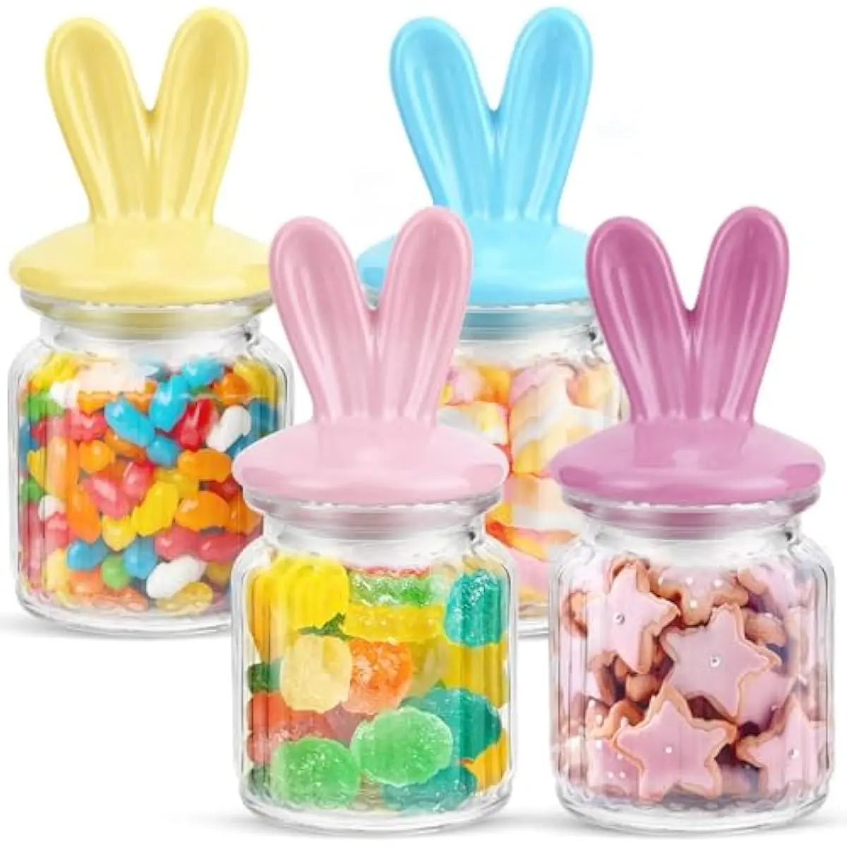 Easter Decorations - 4 Pack Glass Candy Jars with Ceramic Bunny Ear Lids, Easter Bunny Table Decor for Chocolate Mini Eggs Sweets - 250ml Pastel Colored Jars