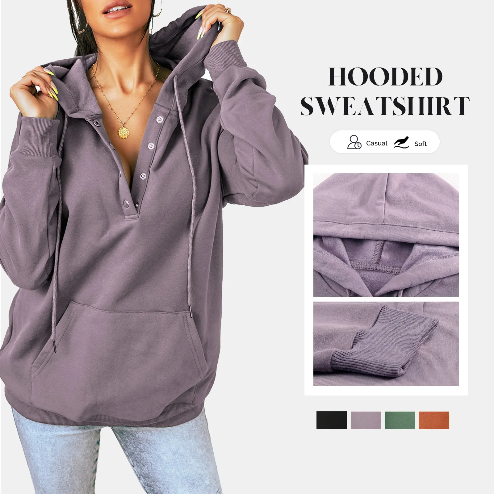 Shewin Women's Hooded Sweatshirt, Casual Oversized Cotton Henley Top with Pocket, Aesthetic Pullover for Layering Outfits