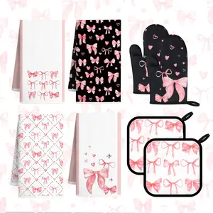 8 Pcs Cute Pink Bow Kitchen Towels and Dishcloths Set Oven Mitts Pot Holders Absorbent Heat Resistant for Baking Cooking Perfect Mother's Day Home Decor Gifts