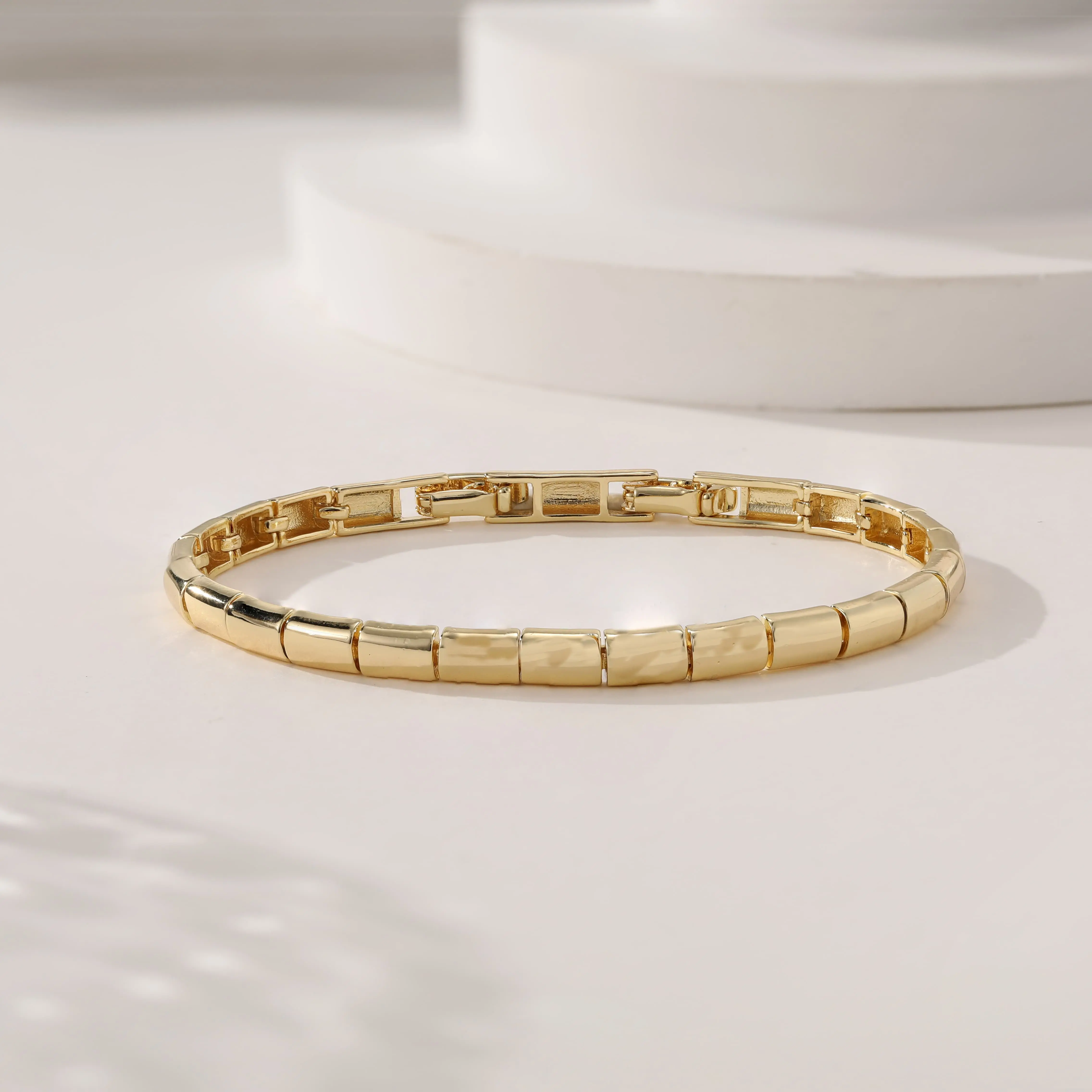 Classic Polished Tube Link Bracelet 14K Gold Plated, Simple Minimal Gold Chain Bracelet with Secure Clasp, Ideal Stackable Jewelry Birthday Gift