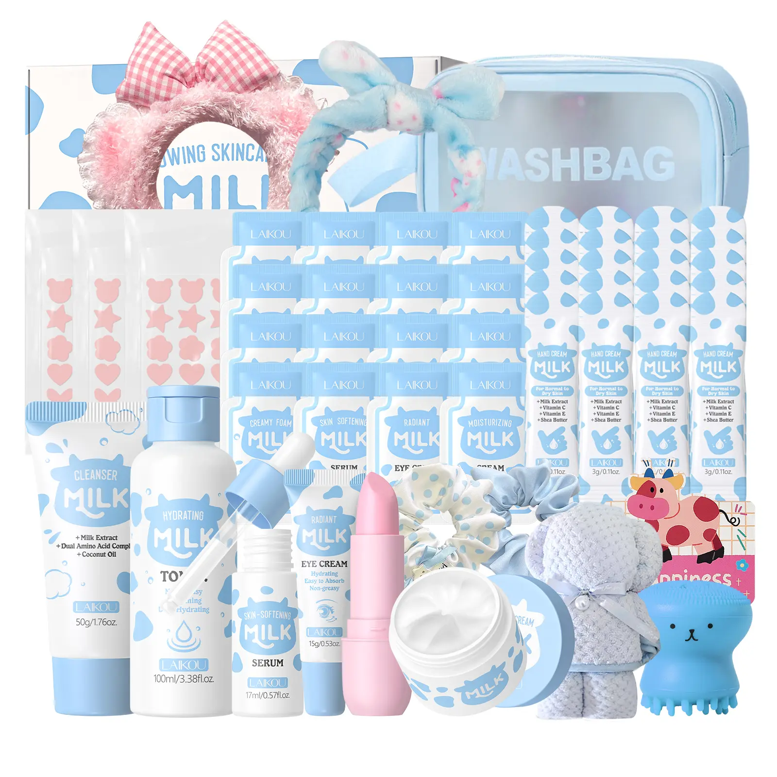 Milk Skincare Set – Skincare for girls aged 10–12 – Kids’ skincare set including milk cleanser, serum, face cream, toner, eye cream, hand cream, lip balm, pimple patches, and a wash bag – gentle kids’ face wash set suitable for all skin types