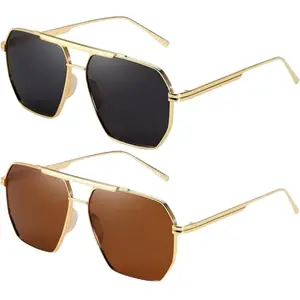 【Summervibes】2Pcs Oversized Tangle Free Aviator Sunglasses for Women Men Square Metal Frame with Double‑Bridge, UV400 Fashion Trendy Sun Glasses