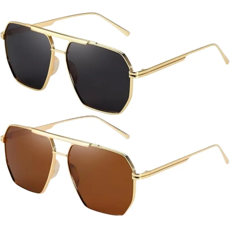 【Summervibes】2Pcs Oversized Tangle Free Aviator Sunglasses for Women Men Square Metal Frame with Double‑Bridge, UV400 Fashion Trendy Sun Glasses
