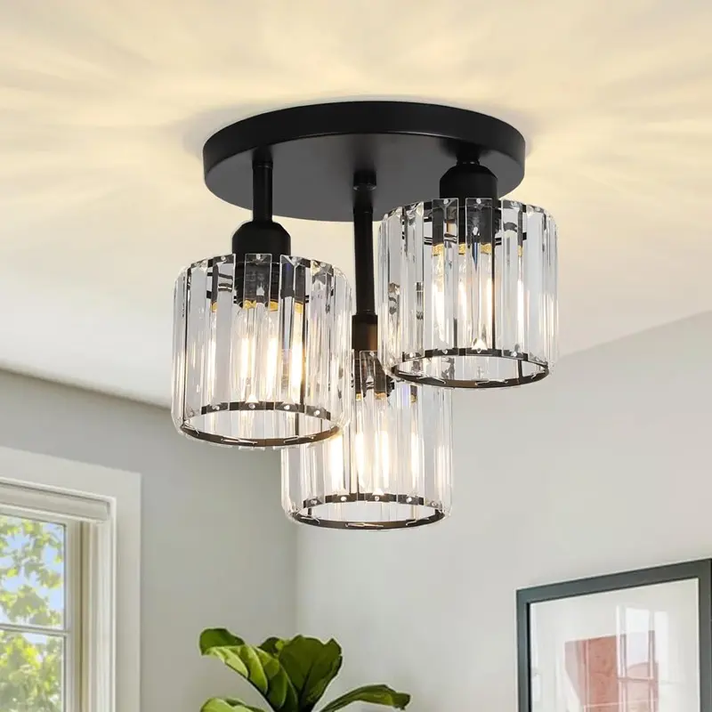 Minimalist Crystal Ceiling Light, 3-Head, Mini Crystal Glass Round Pendant, E27 Base, for Dining Room, Foyer, Living Room, Entryway