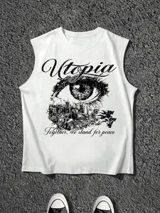 Men's Loose Utopia City Eye Sleeveless Vest, Vintage Graphic Design, Anti-Utopian Street Style, Casual Summer Wear