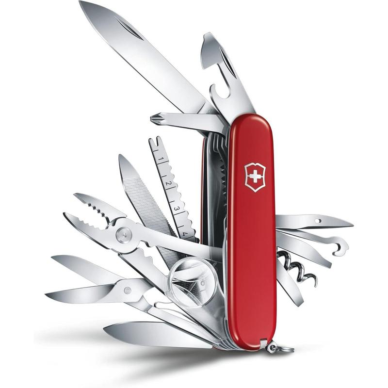 Swiss Champ Swiss Army Knife, 33 Functions, Swiss Made Pocket Knife with Large Blade, Screwdriver, Chisel and Combination Pliers - Red