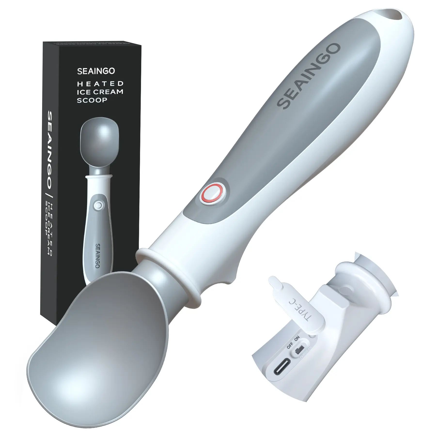 SEAINGO Non-stick Heated Ice Cream Scoop - Rechargeable, ON/OFF Safety Lock Switch, Two Warming Modes, Ergonomic Handle, Electric Kitchen Tool Scooper for Gelato, Frozen Yogurt, Sorbet & More