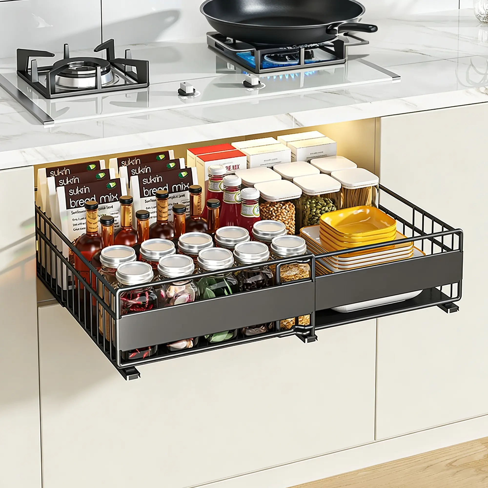 Pull Out Cabinet Organizer Large - 1 Pack Expandable  Under Sink Slide Out Shelf, Kitchen & Bathroom Storage Rack, No Drilling Needed