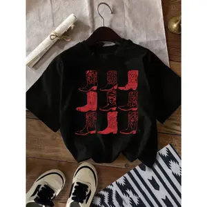 Western Cowboys & Boots Graphic Print T-shirt, Short Sleeve Crew Neck Casual Top for Summer & Spring, Women's Clothing