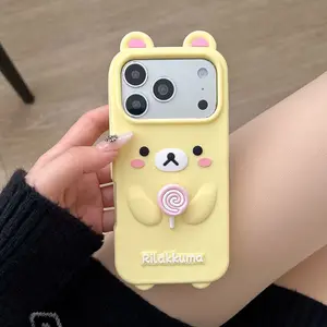 Kawaii Rolling Lollipop Rilakkuma Bear Soft Silicone Case For iPhone 13 14 15 16 17 Pro Max Cute 3D Cartoon Shockproof Cover