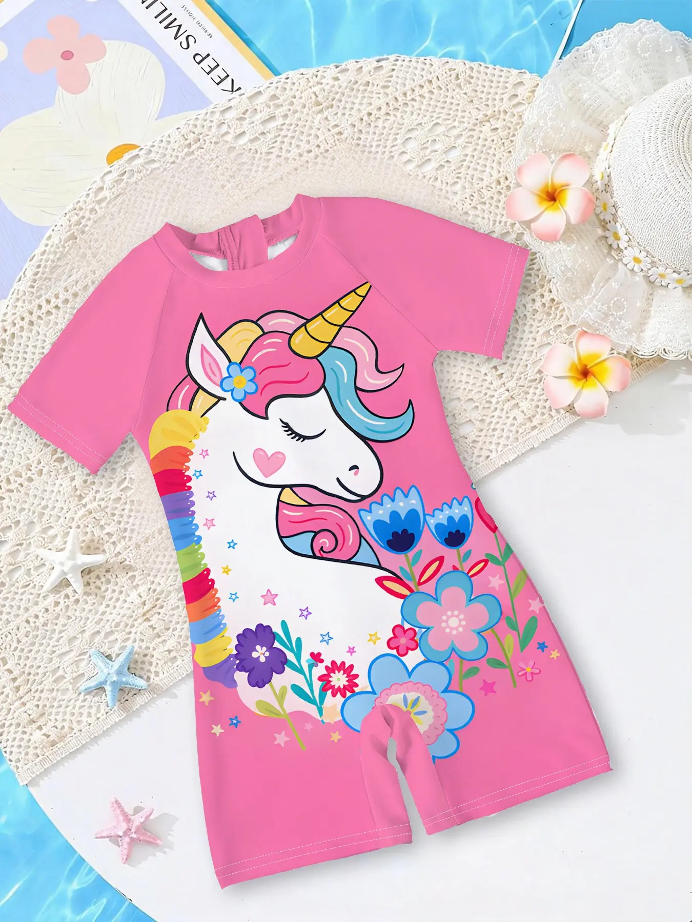 Girls' One-Piece Swimsuit, Toddler Bathing Suit Rainbow Unicorn Style - Round Neck Short Sleeve, Skin-Friendly, Quick-Drying, Non-Sweaty, Suitable for Pool Swimming, Beach Vacation, Summer Water Play