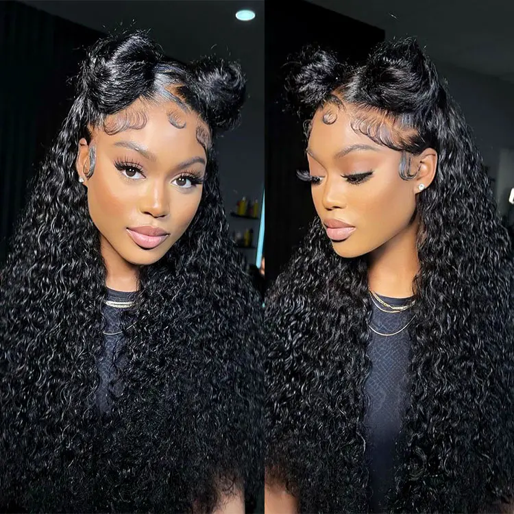 GK 13x6 Lace Front Wig Jerry Curly Human Hair Wig 180% Density Deep Curly Wave Human Hair Wig for Women Natural Black HD Transparent Lace Frontal Wigs Pre Plucked