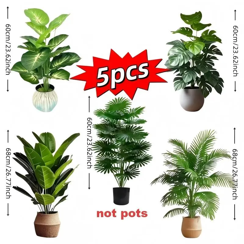 5-Piece Artificial Plant Set, Artificial Plant Decor, Fake Plastic Plants, 60 Large Leaves, Maintenance-Free Evergreen Money Tree, Ideal for Holidays, No Pot Included, Artificial Palm Trees, Artificial Palm Plants