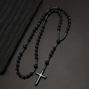 1pc Men's Raw Tiger Eye Stone Rosary Necklace with Black Gallstone Cross, 8mm Natural Stone