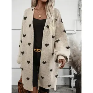 Heart Pattern Open Front Knitted Cardigan, Casual Long Sleeve Drop Shoulder Cardigan For Winter & Fall, Women's Clothing
