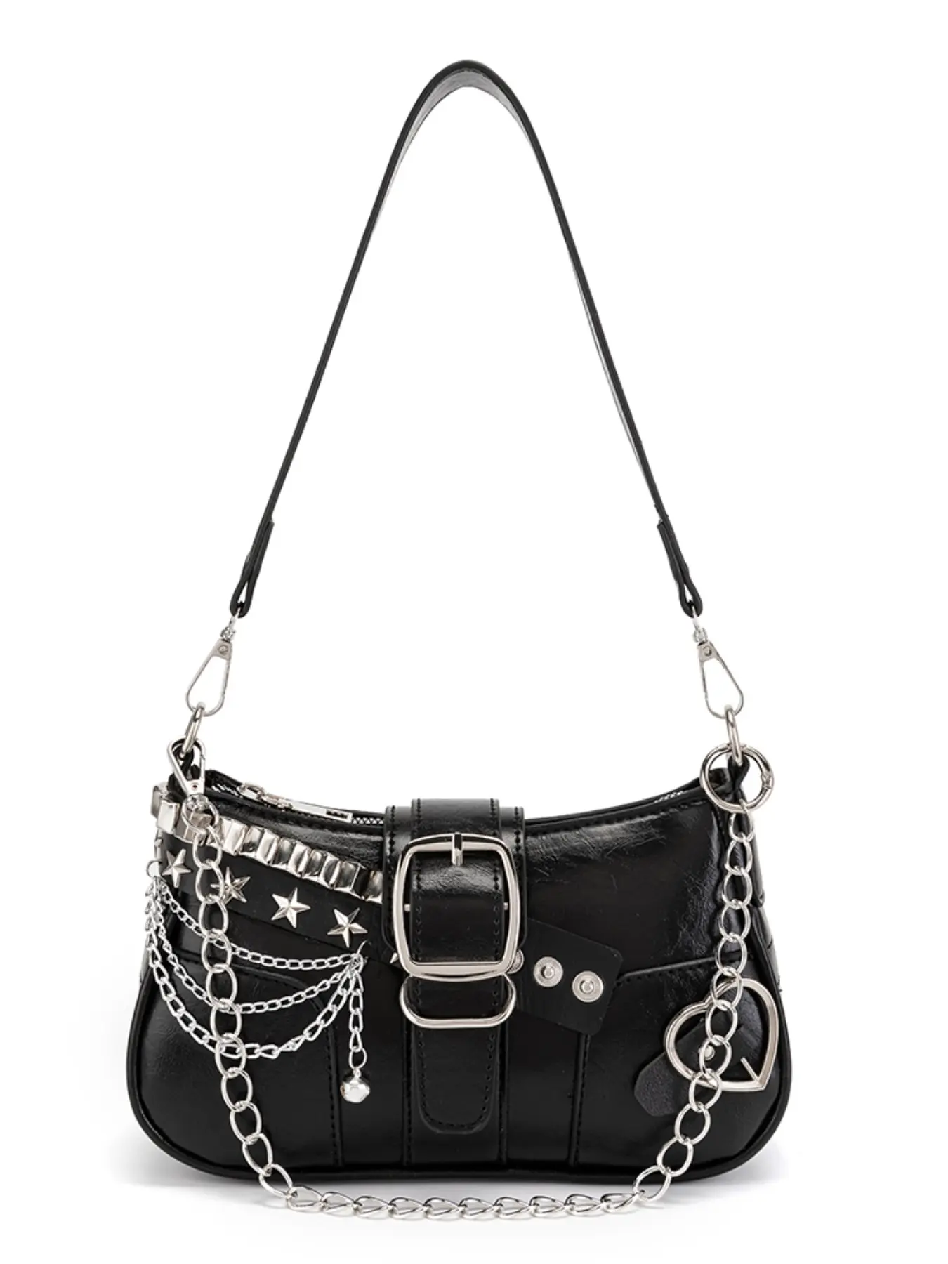 Women's Punk Motorcycle Style Crossbody Bag, Y2K French Bread Star Rivet Chain, PU Leather Hobo Shoulder Bag, Fashionable and Stylish, Everyday Crossbody Bag, Crossbody Shoulder Handbag, Chain Crossbody Bags, Fashion Crossbody Purse