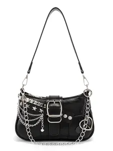 Women's Punk Motorcycle Style Crossbody Bag, Y2K French Bread Star Rivet Chain, PU Leather Hobo Shoulder Bag, Fashionable and Stylish, Everyday Crossbody Bag