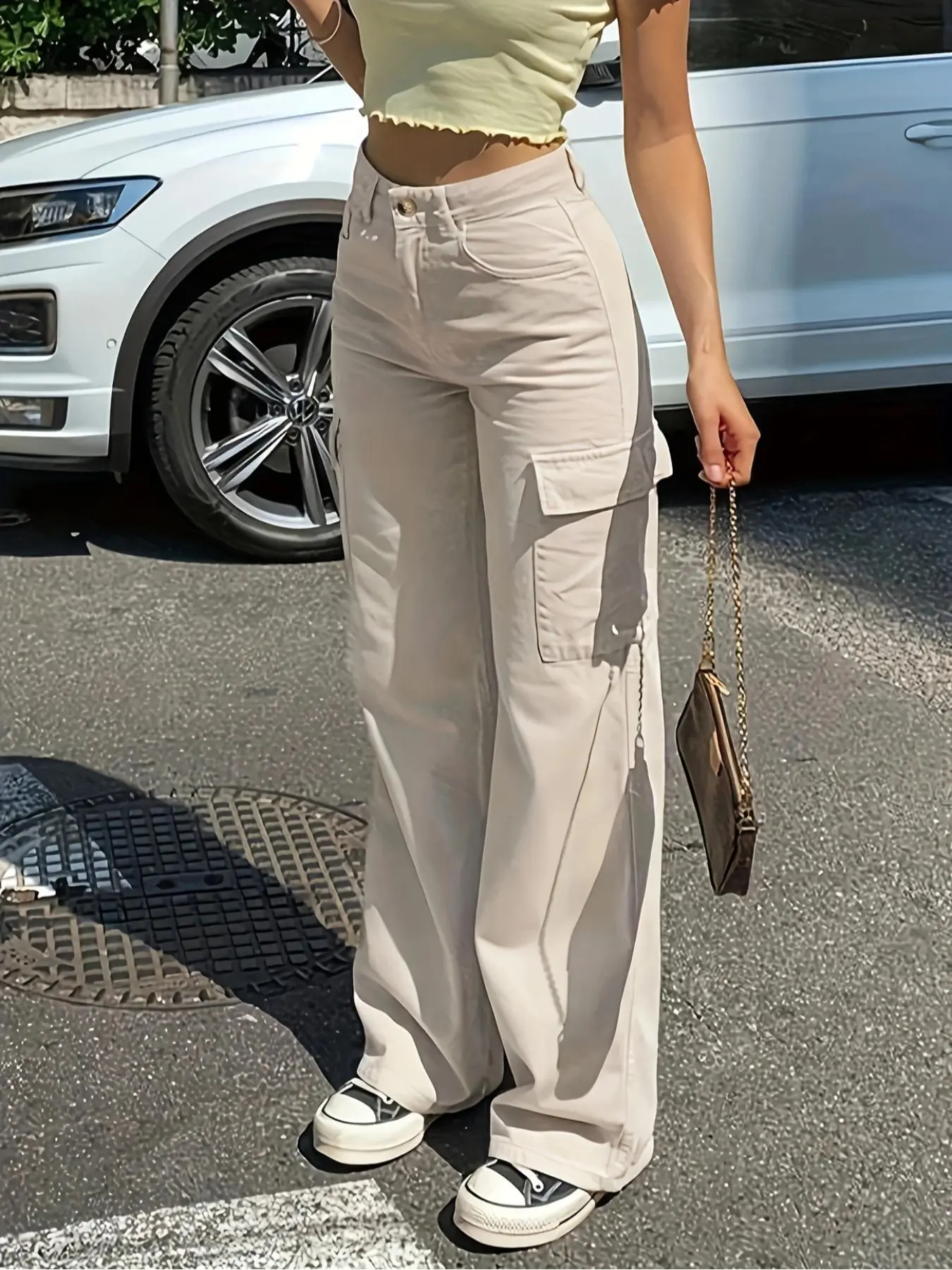Women's Solid Color Multi-pocket Cargo Pants, Casual Comfy Fit, Casual Fitted Pockets, Casual Street Straight Leg Trousers for Daily Wear, Ladies Bottoms for All Seasons