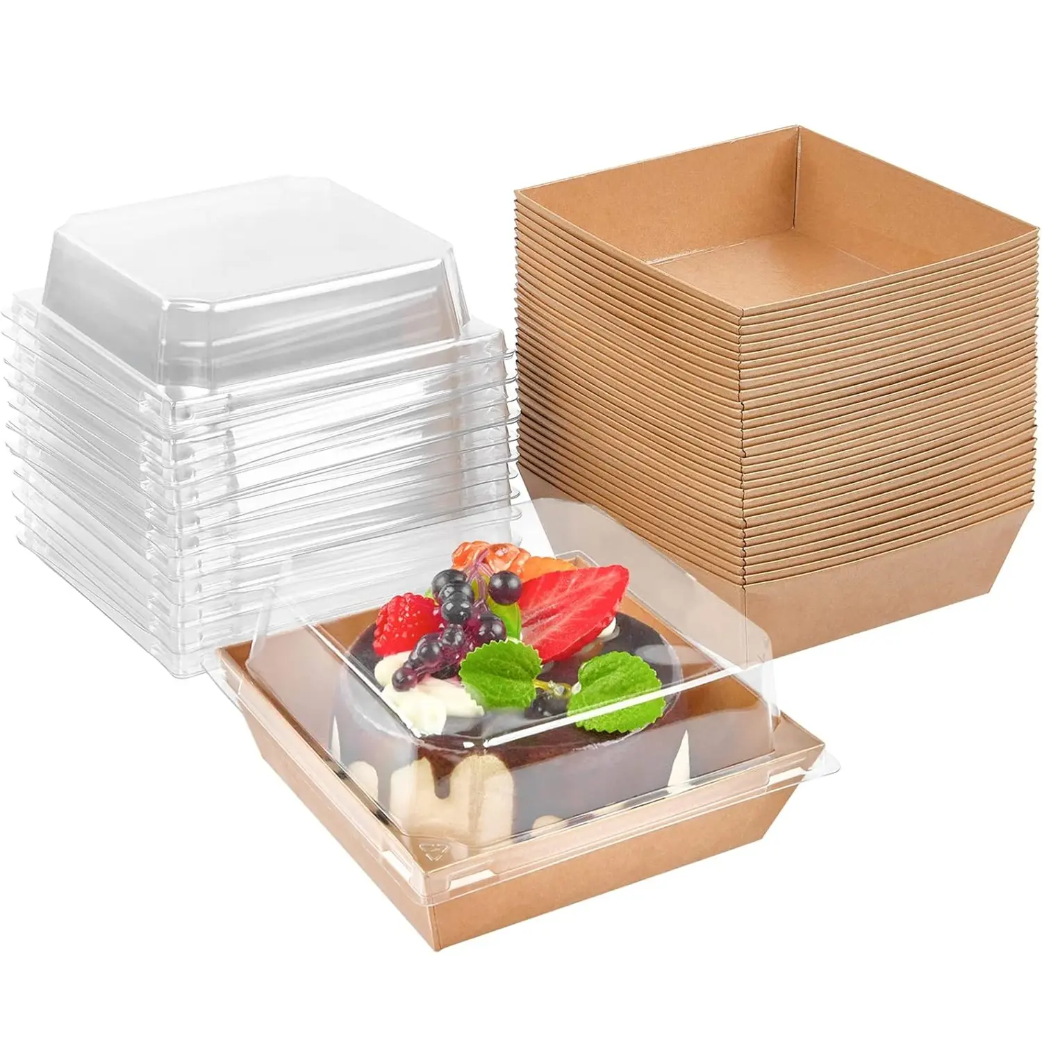 50 Pack 5 Inch Paper Charcuterie Boxes with Clear Lids, Square To Go Cake Slice Containers Small Kraft Bakery Boxes for Dessert, Cookies, Sandwich, Strawberries (Brown)