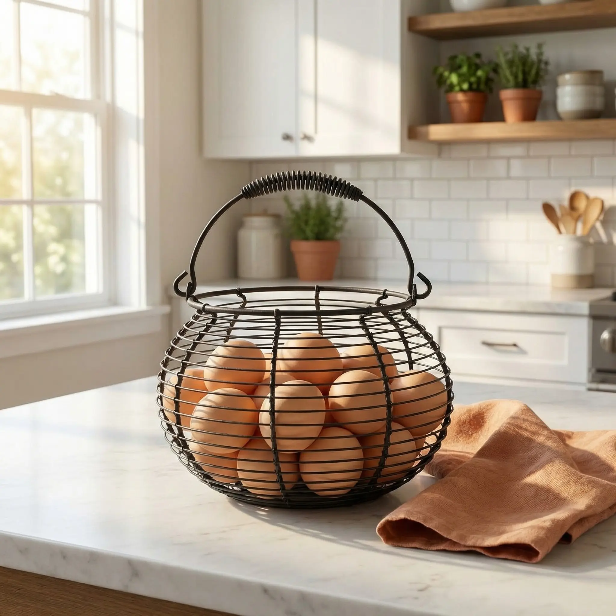 Vintage Black Wire Egg Basket with Handle, Rustic Metal Egg Collecting Basket for Gathering Fresh Chicken Eggs, Farmhouse Egg Storage Container Holder for Kitchen Countertop, Farm Use, Basket with Handles