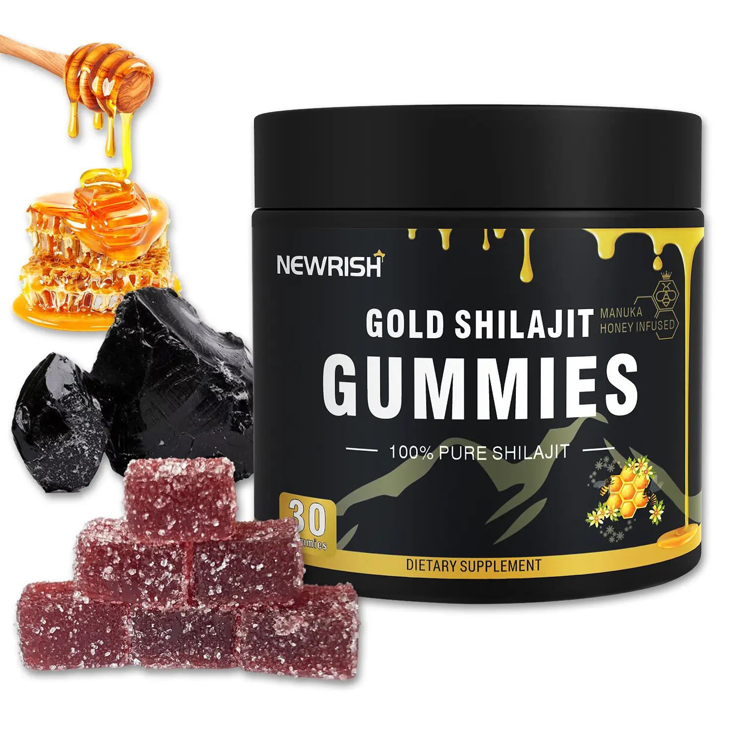 Newrish Gold Shilajit Gummies - 100% Natural & Organic - 30 Gummies with Manuka Honey Fulvic Acid & 85+ Trace Minerals for Enhanced Athletic Performance - Fitness