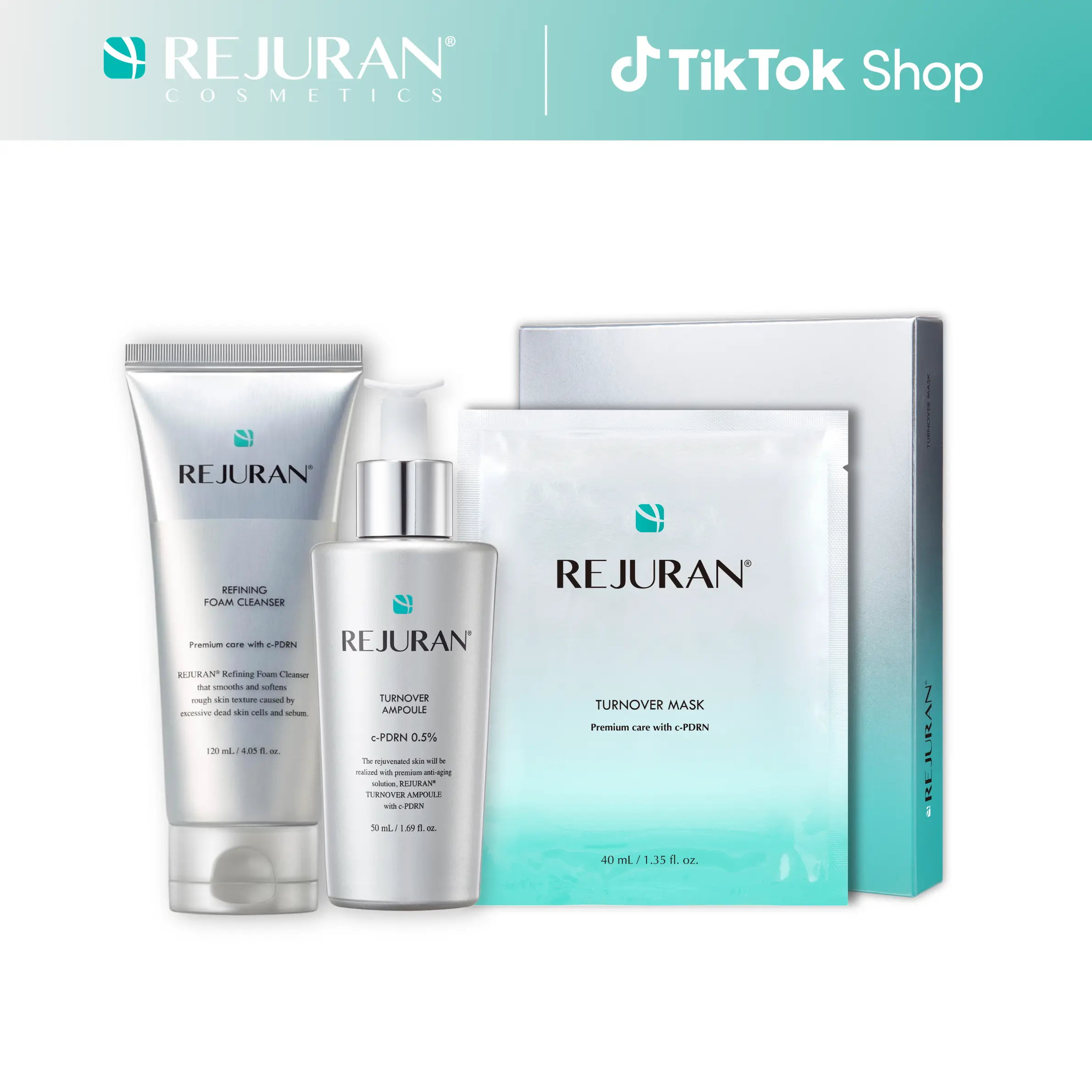 REJURAN Turnover Ampoule 50ml + Turnover Mask (5-pack) + Foam Cleanser REJURAN Turnover Ampoule 50ml + Turnover Mask (5-pack) + Foam Cleanser