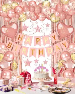 Rose Gold Happy Birthday Party Decorations, Happy Birthday Banner, Rose Gold Foil Heart Star Confetti Balloons Curtain Backdrop Hanging Swirls Party Decor for Girls Women Princess (Rose Gold)