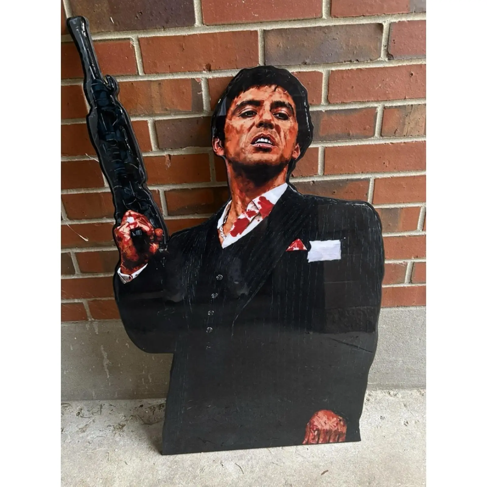 ScareFace Epoxy Wood Art Custom Decor - Unique Design with Figure and Gun, Ideal for Home Decor