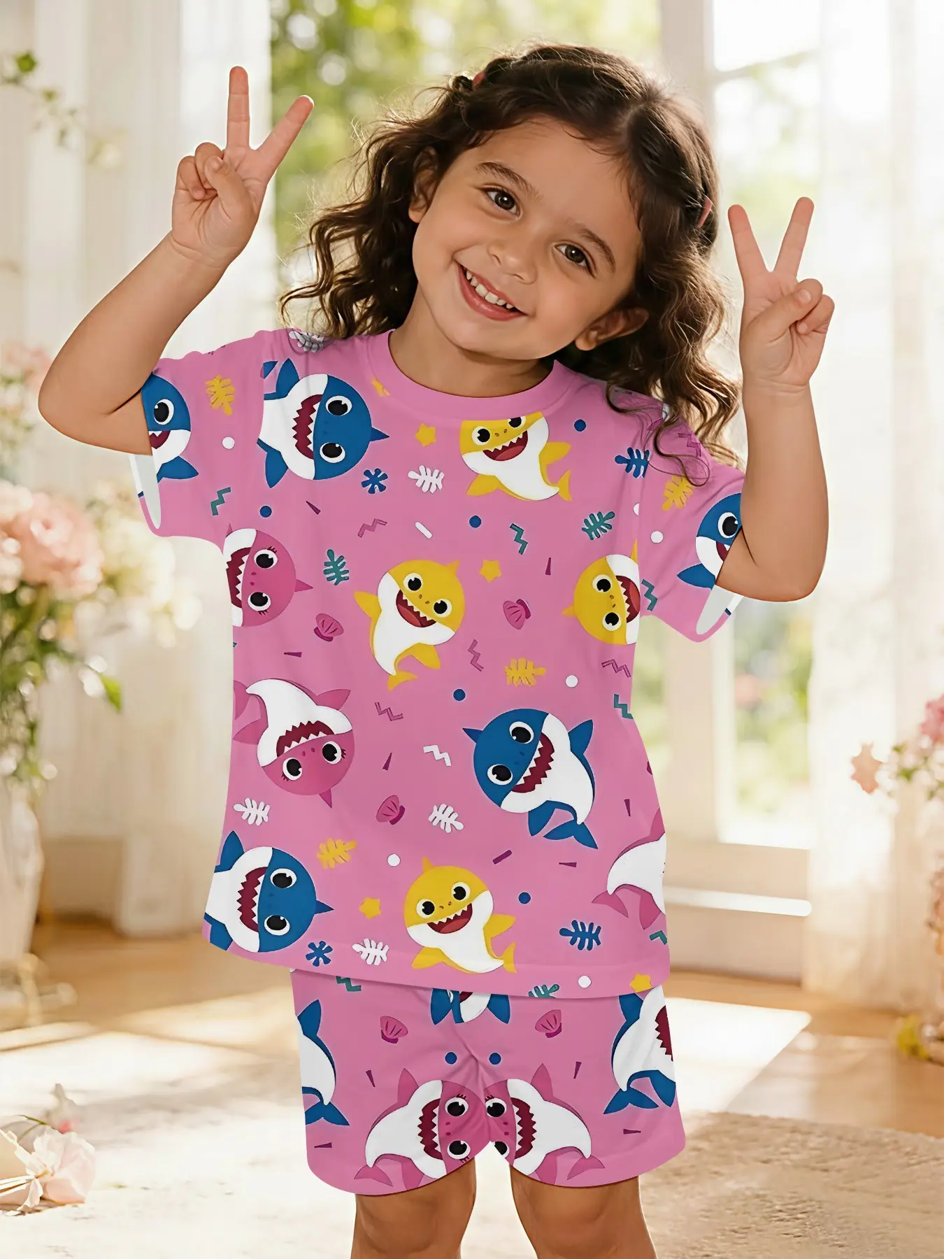 Fun Pink Shark Pattern Baby Girl's Digital Print 100% Polyester Short-sleeve Set Baby Clothing, a cute lovely casual outfit for baby girls, suitable for daily wear and outdoor sports as a T-shirt, a perfect gift for babies and toddlers, Clothes