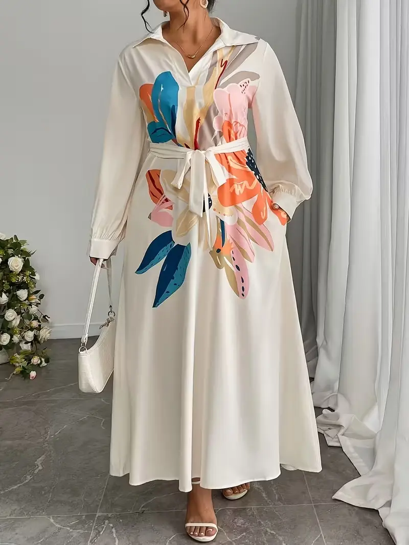 Plus Size Floral Print Belted Long Sleeve Maxi Dress, Elegant Collared Long Dress for Spring & Plus Size Floral Print Belted Long Sleeve Maxi Dress, Elegant Collared Long Dress for Spring &