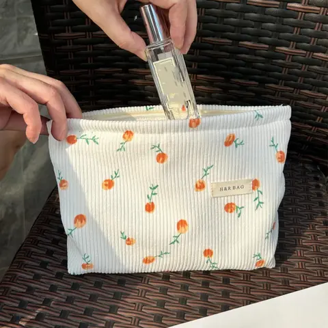 Corduroy Makeup Bag, Cute Floral Pattern Zipper Makeup Organizer Pouch, Portable Makeup Pouch, with Letters Label, Travel Cosmetic Storage Bag, Cosmetic Bags, Cosmetics Organizer, Versatile Storage Bag for Skincare, Lip Balm, Eyeliners, Makeup Brushes,