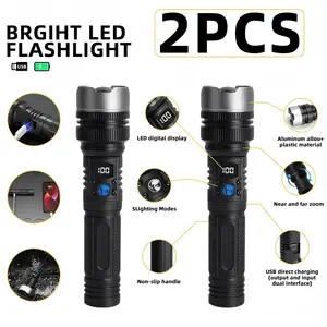 2 PCS Home Use & Gift Plan 2-in-1 Rechargeable Flashlight + Power Bank High Lumen Super Bright Zoomable Beam LCD Display 3 Modes Pocket Waterproof for Camping Hiking